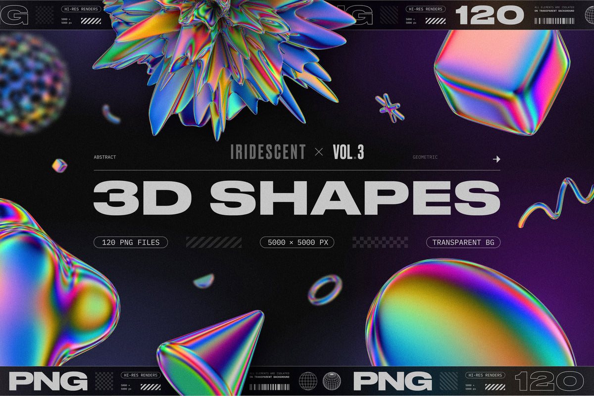 120 Iridescent Geometric 3D Shapes Pack vol.3 – Samolevsky