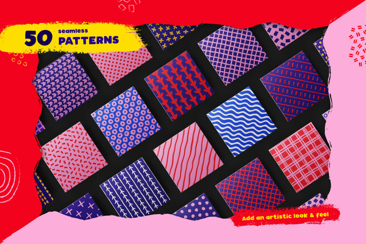 Hand-drawn seamless patterns, shapes & brushes